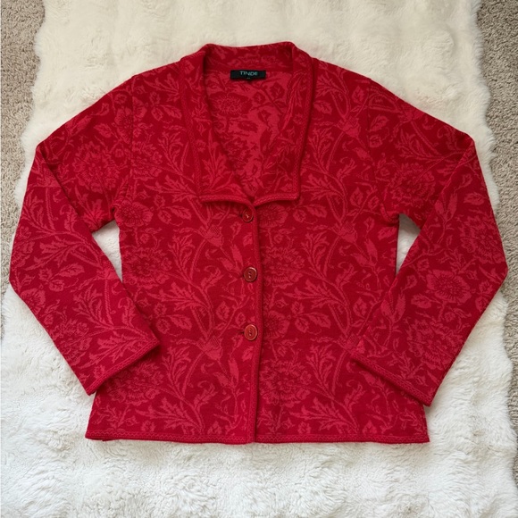 TINDE Extrafine Merino Wool Chic Red Floral Jacquard Pattern Cardigan Jacket -M - Picture 9 of 16